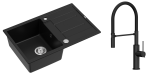 Quadron Unique Zlewozmywak granitowy jednokomorowy 78*50*22 cm z ociekaczem MORGAN 111 PURE CARBON z syfonem Push-2-Open w kolorze stalowym z baterią  GEMMA Q LINE SLIM  PURE CARBON z ruchomą wylewką kolor czarny/czarny wąż - DARMOWA DOSTAWA
