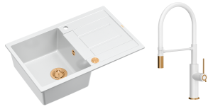 Quadron Unique Zlewozmywak granitowy jednokomorowy 78*50*22 cm z ociekaczem MORGAN 111 SNOW WHITE z syfonem Push-2-Open w kolorze miedzianym z baterią GEMMA Q LINE SLIM SNOW WHITE z ruchomą wylewką biały mat/wyk miedź/biały wąż-DARMOWA DOSTAWA