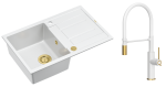 Quadron Unique Zlewozmywak granitowy jednokomorowy 78*50*22 cm z ociekaczem MORGAN 111 SNOW WHITE z syfonem Push-2-Open w kolorze złotym z baterią GEMMA Q LINE SLIM SNOW WHITE z ruchomą wylewką kolor  biały mat/wykończenie złote/biały wąż-DARMOWA DOSTAWA