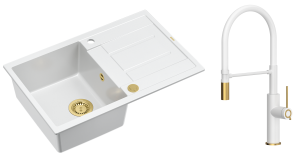 Quadron Unique Zlewozmywak granitowy jednokomorowy 78*50*22 cm z ociekaczem MORGAN 111 SNOW WHITE z syfonem Push-2-Open w kolorze złotym z baterią GEMMA Q LINE SLIM SNOW WHITE z ruchomą wylewką kolor  biały mat/wykończenie złote/biały wąż-DARMOWA DOSTAWA
