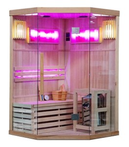 HYDROSAN SAUNA FIŃSKA SUCHA KEMI2 PIĘCIOKĄTNA WYSOKOTEMPERATUROWA  1-2 OSOBOWA 120x120x190 cm  Z PIECEM HARVIA 3,5KW  I PANELAMI SOLNYMI