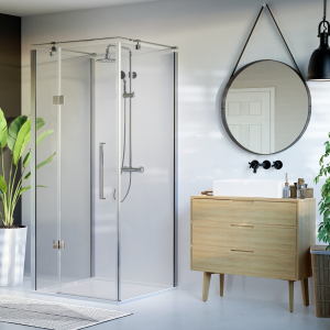 Kabina kwadratowa przyścienna CREATIVE 1-skrzydłowa 90x90x195 chrom szkło transparentne z relingiem LEWA z powłoką CleanGLASS - Darmowa dostawa