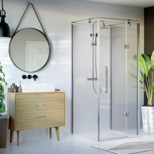 Kabina kwadratowa przyścienna CREATIVE 1-skrzydłowa 90x90x195 chrom szkło transparentne z relingiem PRAWA z powłoką CleanGLASS - Darmowa dostawa