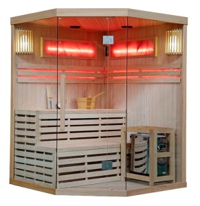 HYDROSAN SAUNA FIŃSKA SUCHA KEMI4 PIĘCIOKĄTNA WYSOKOTEMPERATUROWA 4-5 OSOBOWA 150x150x200 cm  Z PIECEM HARVIA 6KW  I PANELAMI SOLNYMI