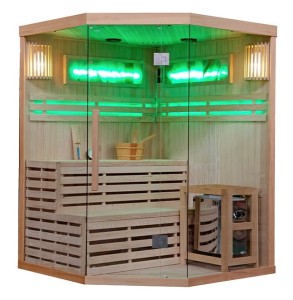 HYDROSAN SAUNA FIŃSKA SUCHA KEMI7 PIĘCIOKĄTNA WYSOKOTEMPERATUROWA 5-6 OSOBOWA 180x180x210 cm  Z PIECEM HARVIA 8KW  I PANELAMI SOLNYMI