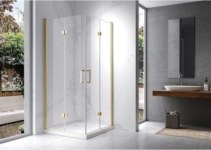HYDROSAN Kabina prysznicowa kwadratowa narożna 90x90x195 drzwi podwójne składane złota szkło transparentne uniwersalna z powłoką Nano Glass ZES-KZ08C-GL-90