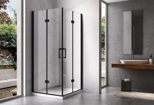HYDROSAN Kabina prysznicowa kwadratowa narożna 90x90x195 drzwi podwójne składane czarna szkło transparentne uniwersalna z powłoką Nano Glass KZ08C-BL-90
