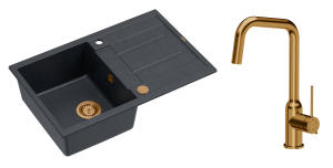 Quadron Unique Zlewozmywak granitowy jednokomorowy 78*50*22 cm z ociekaczem MORGAN 111 BLACK DIAMOND z syfonem Push-2-Open w kolorze miedzianym z baterią NATALIE Q LINE kolor miedziany-DARMOWA DOSTAWA