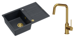 Quadron Unique Zlewozmywak granitowy jednokomorowy 78*50*22 cm z ociekaczem MORGAN 111 BLACK DIAMOND z syfonem Push-2-Open w kolorze złotym z baterią  NATALIE Q LINE kolor złoty-DARMOWA DOSTAWA