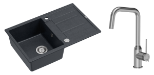 Quadron  Unique Zlewozmywak granitowy jednokomorowy 78*50*22 cm z ociekaczem MORGAN 111 BLACK DIAMOND z syfonem Push-2-Open w kolorze stalowym z baterią  NATALIE Q LINE kolor stal szczotkowana-DARMOWA DOSTAWA