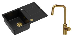 Quadron Unique Zlewozmywak granitowy jednokomorowy 78*50*22 cm z ociekaczem MORGAN 111 PURE CARBON z syfonem Push-2-Open w kolorze złotym z baterią NATALIE Q LINE kolor złoty-DARMOWA DOSTAWA