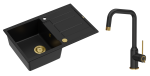 Quadron Unique Zlewozmywak granitowy jednokomorowy 78*50*22 cm z ociekaczem MORGAN 111 PURE CARBON z syfonem Push-2-Open w kolorze złotym z baterią NATALIE Q LINE PURE CARBON kolor czarny mat/wykończenie złote-DARMOWA DOSTAWA