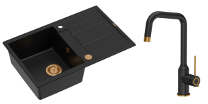 Quadron Unique Zlewozmywak granitowy jednokomorowy 78*50*22 cm z ociekaczem MORGAN 111 PURE CARBON z syfonem Push-2-Open w kolorze miedzianym z baterią   NATALIE Q LINE PURE CARBON kolor czarny mat/ wykończenie miedź - DARMOWA DOSTAWA