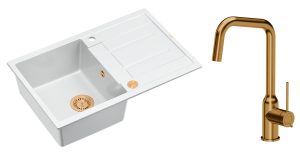 Quadron Unique Zlewozmywak granitowy jednokomorowy 78*50*22 cm z ociekaczem MORGAN 111 SNOW WHITE z syfonem Push-2-Open w kolorze miedzianym z baterią NATALIE Q LINE kolor miedziany-DARMOWA DOSTAWA