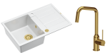 Quadron Unique Zlewozmywak granitowy jednokomorowy 78*50*22 cm z ociekaczem MORGAN 111 SNOW WHITE z syfonem Push-2-Open w kolorze złotym z baterią NATALIE Q LINE kolor złoty-DARMOWA DOSTAWA