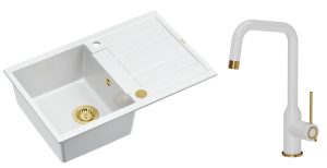 Quadron Unique Zlewozmywak granitowy jednokomorowy 78*50*22 cm z ociekaczem MORGAN 111 SNOW WHITE z syfonem Push-2-Open w kolorze złotym z baterią NATALIE Q LINE SNOW WHITE kolor biały mat/wykończenie złote-DARMOWA DOSTAWA