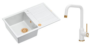 Quadron Unique Zlewozmywak granitowy jednokomorowy 78*50*22 cm z ociekaczem MORGAN 111 SNOW WHITE z syfonem Push-2-Open w kolorze miedzianym z baterią NATALIE Q LINE SNOW WHITE kolor biały mat/wykończenie miedź-DARMOWA DOSTAWA