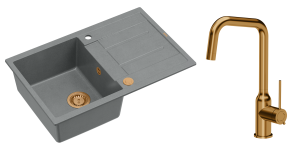 Quadron Unique Zlewozmywak granitowy jednokomorowy 78*50*22 cm z ociekaczem MORGAN 111 SILVER STONE z syfonem Push-2-Open w kolorze miedzianym z baterią NATALIE Q LINE kolor miedziany-DARMOWA DOSTAWA