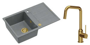 Quadron Unique Zlewozmywak granitowy jednokomorowy 78*50*22 cm z ociekaczem MORGAN 111 SILVER STONE z syfonem Push-2-Open w kolorze złotym z baterią NATALIE Q LINE kolor złoty-DARMOWA DOSTAWA