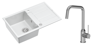 Quadron Unique Zlewozmywak granitowy jednokomorowy 78*50*22 cm z ociekaczem MORGAN 111 SNOW WHITE z syfonem Push-2-Open w kolorze stalowym z baterią NATALIE Q LINE kolor stal szczotkowana-DARMOWA DOSTAWA