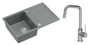 Quadron Unique  Zlewozmywak granitowy jednokomorowy 78*50*22 cm z ociekaczem MORGAN 111 SILVER STONE z syfonem Push-2-Open w kolorze stalowym z baterią NATALIE Q LINE kolor stal szczotkowana-DARMOWA DOSTAWA