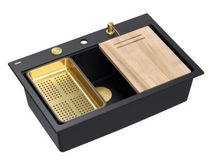 Quadron Unique Zlewozmywak granitowy jednokomorowy 76*50*23,5 cm MARC 110 Workstation PURE CARBON z syfonem Push-2-Open save space w kolorze złotym + deska + wkładka + dozownik + nakładka na odpływ-DARMOWA DOSTAWA