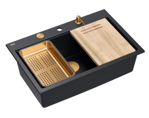 Quadron Unique Zlewozmywak granitowy jednokomorowy 76*50*23,5 cm MARC 110 Workstation PURE CARBON z syfonem Push-2-Open save space w kolorze miedzianym + deska + wkładka + dozownik + nakładka na odpływ-DARMOWA DOSTAWA