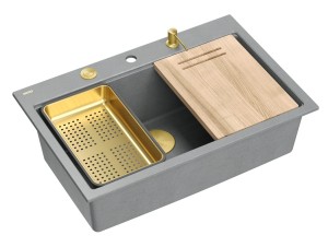 Quadron Unique Zlewozmywak granitowy jednokomorowy 76*50*23,5 cm MARC 110 Workstation SILVER STONE z syfonem Push-2-Open save space w kolorze złotym + deska + wkładka + dozownik + nakładka na odpływ-DARMOWA DOSTAWA