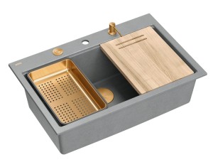 Quadron Unique Zlewozmywak granitowy jednokomorowy 76*50*23,5 cm MARC 110 Workstation SILVER STONE z syfonem Push-2-Open save space w kolorze miedzianym + deska + wkładka + dozownik + nakładka na odpływ-DARMOWA DOSTAWA