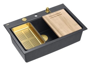 Quadron Unique Zlewozmywak granitowy jednokomorowy 76*50*23,5 cm MARC 110 Workstation BLACK DIAMOND z syfonem Push-2-Open save space w kolorze złotym + deska + wkładka + dozownik + nakładka na odpływ-DARMOWA DOSTAWA