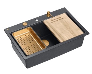 Quadron Unique Zlewozmywak granitowy jednokomorowy 76*50*23,5 cm MARC 110 Workstation BLACK DIAMOND z syfonem Push-2-Open save space w kolorze miedzianym + deska + wkładka + dozownik + nakładka na odpływ-DARMOWA DOSTAWA