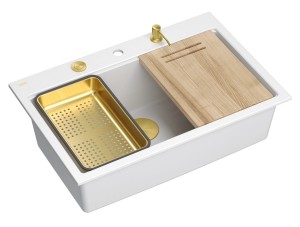 Quadron Unique Zlewozmywak granitowy jednokomorowy 76*50*23,5 cm MARC 110 Workstation SNOW WHITE z syfonem Push-2-Open save space w kolorze złotym + deska + wkładka + dozownik + nakładka na odpływ-DARMOWA DOSTAWA