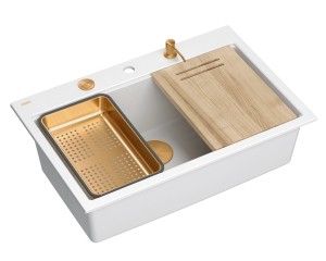 Quadron Unique Zlewozmywak granitowy jednokomorowy 76*50*23,5 cm MARC 110 Workstation SNOW WHITE z syfonem Push-2-Open save space w kolorze miedzianym + deska + wkładka + dozownik + nakładka na odpływ-DARMOWA DOSTAWA