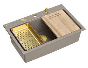 Quadron Unique Zlewozmywak granitowy jednokomorowy 76*50*23,5 cm MARC 110 Workstation SOFT TAUPE z syfonem Push-2-Open save space w kolorze złotym + deska + wkładka + dozownik + nakładka na odpływ-DARMOWA DOSTAWA