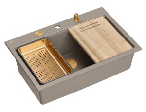 Quadron Unique Zlewozmywak granitowy jednokomorowy 76*50*23,5 cm MARC 110 Workstation SOFT TAUPE  z syfonem Push-2-Open save space w kolorze miedzianym + deska + wkładka + dozownik + nakładka na odpływ-DARMOWA DOSTAWA