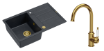 Quadron Unique Zlewozmywak granitowy jednokomorowy 78*50*22 cm z ociekaczem MORGAN 111 BLACK DIAMOND z syfonem Push-2-Open w kolorze złotym z baterią RACHEL Q LINE kolor złoty-DARMOWA DOSTAWA