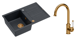 Quadron Unique Zlewozmywak granitowy jednokomorowy 78*50*22 cm z ociekaczem MORGAN 111 BLACK DIAMOND z syfonem Push-2-Open w kolorze miedzianym z baterią RACHEL Q LINE kolor miedziany-DARMOWA DOSTAWA