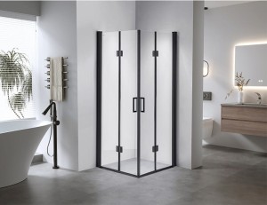 HYDROSAN Kabina prysznicowa kwadratowa narożna 90x90x195 drzwi podwójne składane profil okrągły czarna szkło transparentne uniwersalna z powłoką Nano Glass BS05B-90