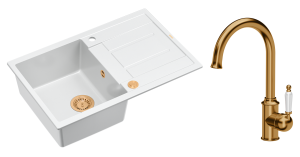 Quadron Unique Zlewozmywak granitowy jednokomorowy 78*50*22 cm z ociekaczem MORGAN 111 SNOW WHITE z syfonem Push-2-Open w kolorze miedzianym z baterią RACHEL Q LINE kolor miedziany-DARMOWA DOSTAWA