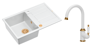 Quadron Unique Zlewozmywak granitowy jednokomorowy 78*50*22 cm z ociekaczem MORGAN 111 SNOW WHITE z syfonem Push-2-Open w kolorze miedzianym z baterią RACHEL Q LINE SNOW WHITE kolor biały mat/wykończenie miedź-DARMOWA DOSTAWA