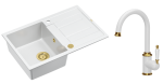 Quadron Unique Zlewozmywak granitowy jednokomorowy 78*50*22 cm z ociekaczem MORGAN 111 SNOW WHITE z syfonem Push-2-Open w kolorze złotym z baterią RACHEL Q LINE SNOW WHITE kolor biały mat/wykończenie złote-DARMOWA DOSTAWA