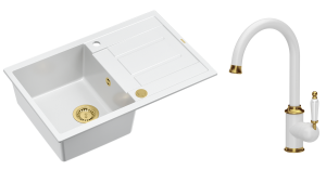 Quadron Unique Zlewozmywak granitowy jednokomorowy 78*50*22 cm z ociekaczem MORGAN 111 SNOW WHITE z syfonem Push-2-Open w kolorze złotym z baterią RACHEL Q LINE SNOW WHITE kolor biały mat/wykończenie złote-DARMOWA DOSTAWA