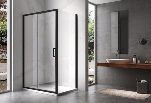 HYDROSAN Kabina prysznicowa prostokątna narożna 90x80x190 drzwi przesuwne ze ścianką boczną czarna szkło transparentne uniwersalna z powłoką Nano Glass KZ103-BL-90X80