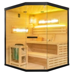 HYDROSAN SAUNA FIŃSKA SUCHA LARK4 PIĘCIOKĄTNA WYSOKOTEMPERATUROWA 4-5 OSOBOWA 150x150x200 cm  Z PIECEM HARVIA 6KW  I PANELAMI SOLNYMI