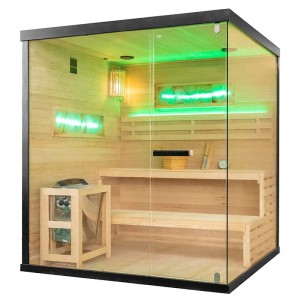 HYDROSAN SAUNA FIŃSKA SUCHA LARK5 PROSTOKĄTNA WYSOKOTEMPERATUROWA 4-5 OSOBOWA 180x160x200 cm  Z PIECEM HARVIA 6KW  I PANELAMI SOLNYMI