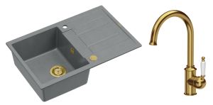 Quadron Unique Zlewozmywak granitowy jednokomorowy 78*50*22 cm z ociekaczem MORGAN 111 SILVER STONE z syfonem Push-2-Open w kolorze złotym z baterią RACHEL Q LINE kolor złoty-DARMOWA DOSTAWA