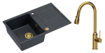 Quadron Unique Zlewozmywak granitowy jednokomorowy 78*50*22 cm z ociekaczem MORGAN 111 BLACK DIAMOND z syfonem Push-2-Open w kolorze złotym z baterią  JESSICA Q LINE z wyciąganą wylewką i funkcją prysznica kolor złoty-DARMOWA DOSTAWA