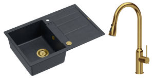 Quadron Unique Zlewozmywak granitowy jednokomorowy 78*50*22 cm z ociekaczem MORGAN 111 BLACK DIAMOND z syfonem Push-2-Open w kolorze złotym z baterią  JESSICA Q LINE z wyciąganą wylewką i funkcją prysznica kolor złoty-DARMOWA DOSTAWA