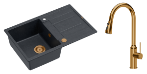 Quadron Unique Zlewozmywak granitowy jednokomorowy 78*50*22 cm z ociekaczem MORGAN 111 BLACK DIAMOND z syfonem Push-2-Open w kolorze miedzianym z baterią JESSICA Q LINE z wyciąganą wylewką i funkcją prysznica kolor miedziany-DARMOWA DOSTAWA