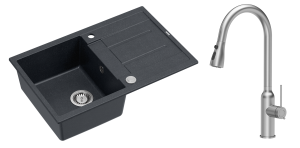 Quadron  Unique Zlewozmywak granitowy jednokomorowy 78*50*22 cm z ociekaczem MORGAN 111 BLACK DIAMOND z syfonem Push-2-Open w kolorze stalowym z baterią  JESSICA Q LINE z wyciąganą wylewką i funkcją prysznica kolor stal szczotkowana-DARMOWA DOSTAWA